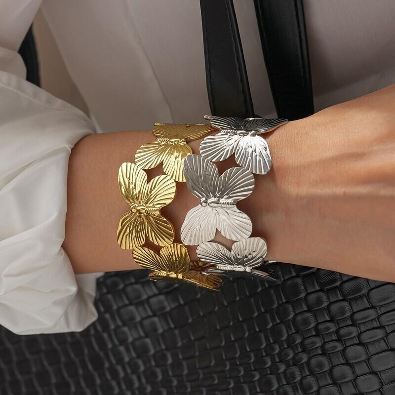 Statement Metal Flower Butterfly Bracelets New Personality Geometric Open Adjustable Bangles Cuff Bracelets Party Hand Jewelry