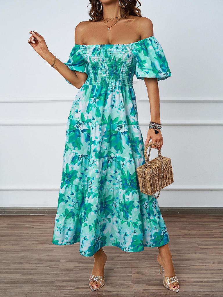 European and American Off-the-Shoulder Puff Sleeve A-Line Summer Dress for Women