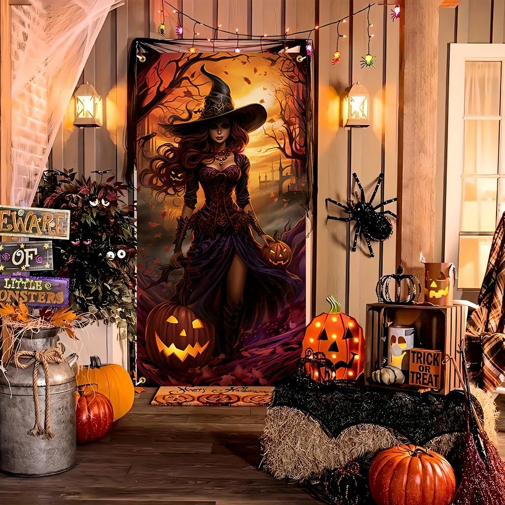 Halloween Witch Door Cover Decoration Tapestry Pumpkin Lights Castle Forest Background Party Living Room Decoration