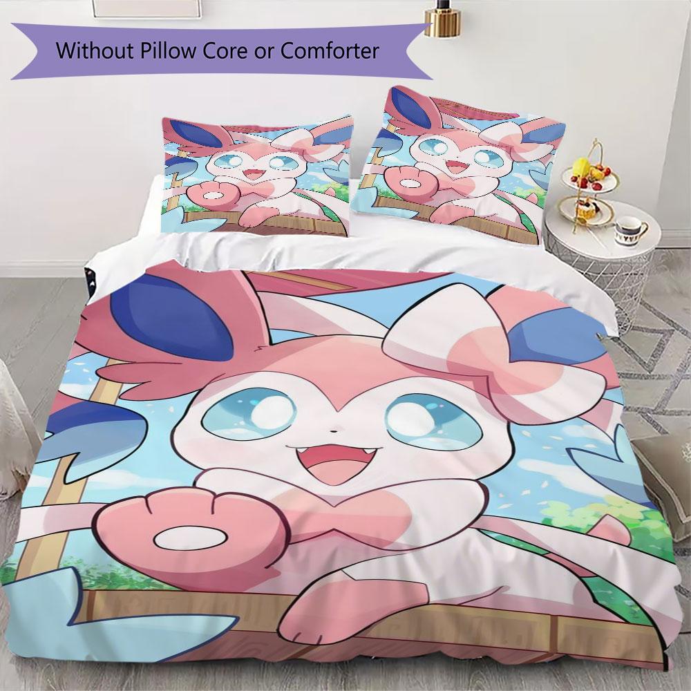 Pink Sylveon Design 3 Piece Bedding Set Cute Pokemon Theme Duvet Cover Pillowcases For Kids Girls Room