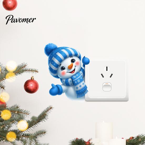 Removable Wall Sticker Cute Snowman Switch Sticker, Self-Adhesive PVC Decorative Decal, Blue And Holiday Socket Panel Cover White Winter Theme Art for