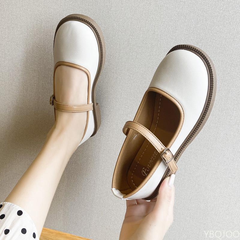 Vintage Small Leather Shoes Spring New Mouth Low Heel Color Blocking Versatile Single Shoe Simple Comfortable Women's Shoes