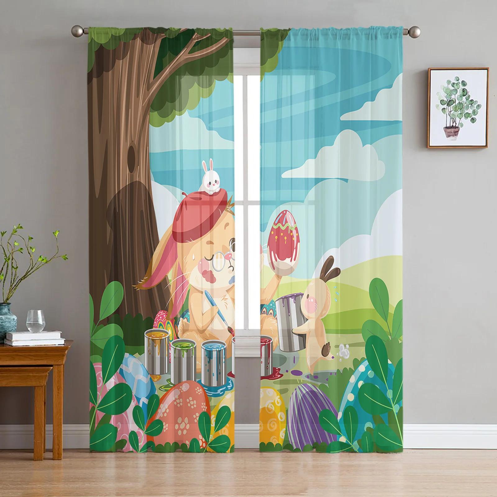 

Sheer Easter Window Curtains Bedroom Living Room Egg Bunny Spring Flower Chiffon Voile Drapes Curtain Made Of Polyester Washable Sitting Ready W100*H130(CM)-Hooks&2PCS