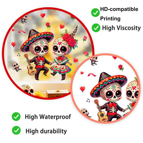 Waterproof Skeleton Art for Windows Halloween Cartoon Couple Window Stickers, PVC Day of The Dead Static Decals, Traditional Removable