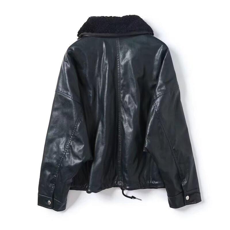 2024 A/W Women's Loose Faux Leather Coat with Removable Fur Collar - Style 24188
