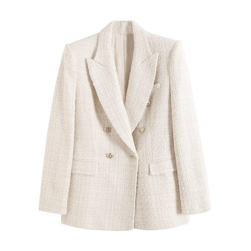 Frauen Mode Tweed Zweireiher Blazer Mantel Vintage Langarm Klappen Taschen Weibliche Oberbekleidung Chic Veste Femme