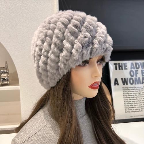 Real Rex Rabbit Hair Hat Women's Thickened Hair Hat Fur Cold Warm Ear Protection Plush Knitted Hat Baotou Hat Autumn and Winter