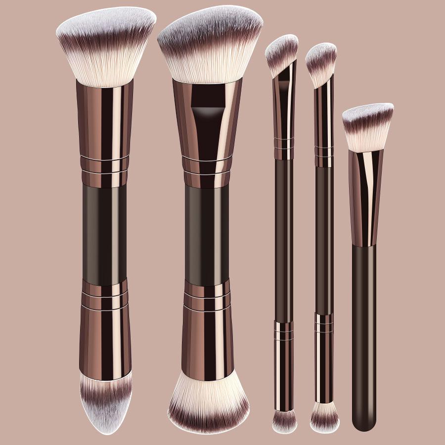 Dual-Head Makeup Brush Set: Foundation, Blush, Loose Powder Brushes In Coffee Color.