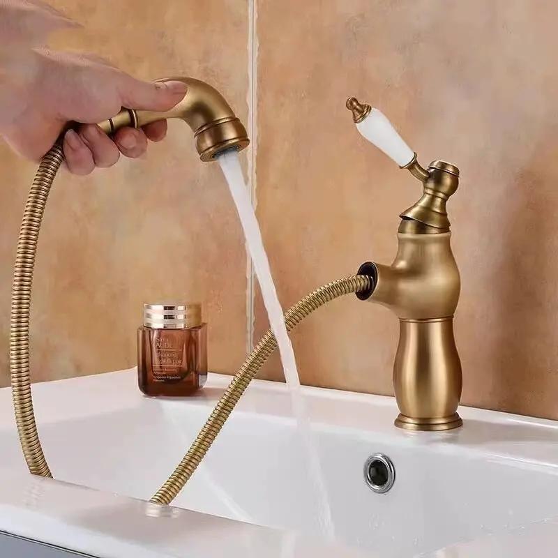 Gold Bathroom Ceramic handle Basin Faucets Pull Out Mixers Sink Faucet Washbasin Taps Water Tap Tapware Crane Brass Material