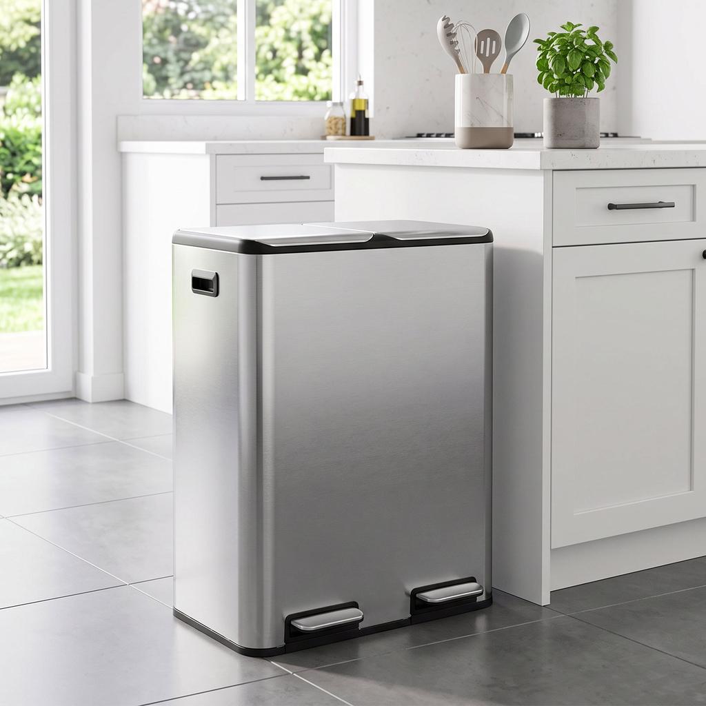 2 X 30L Double Kitchen Bin, Stainless Steel Pedal Rubbish Bin with Dual Compartments, Soft Close Lids, Silver Tone