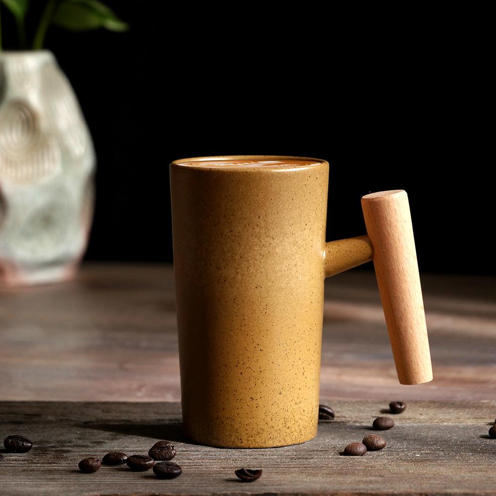 Ceramic Mug Wooden Handle Coffee Cup Vintage Kiln Variation Pottery Large Capacity Tea Water Cup for Home Office Kitchen