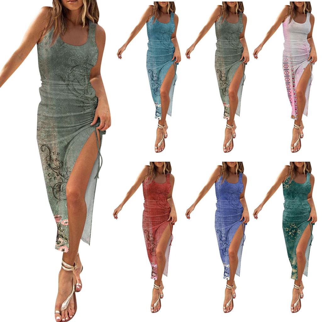 Women's Fashion Printed Ribbed Drawstring Sleeveless Slit Dress