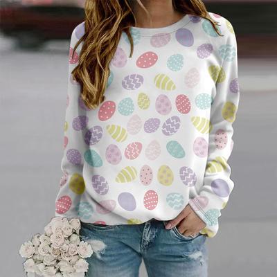 Otoño Moda Mujer Cuello Redondo Manga Larga Camiseta Ropa Holgada Camiseta con Estampado de Huevo Quqi