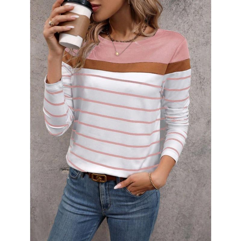 Women's T-shirts 3D Stripe Color Block Print Fashion Long Sleeve Round Neck Regular Top Holiday Weekend Spring and Autumn