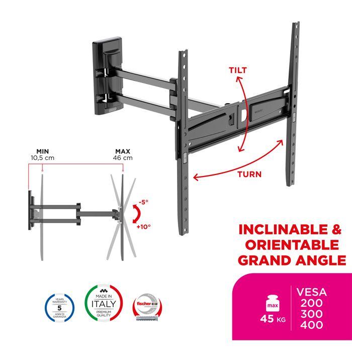 Meliconi - Support mural TV Inclinable et Orientable FDR 400 FLAT FB - Grand angle - Pour Tv 40" à 75" - VESA 200/300/400