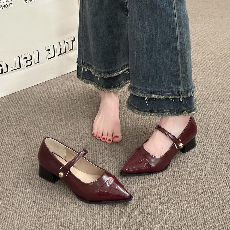 Designer Thick Heel Women Mary Jane Shoes Fashion Shallow Pointed Toe Shoes 2026 Spring Party Dress Prom Female Leather Pumps