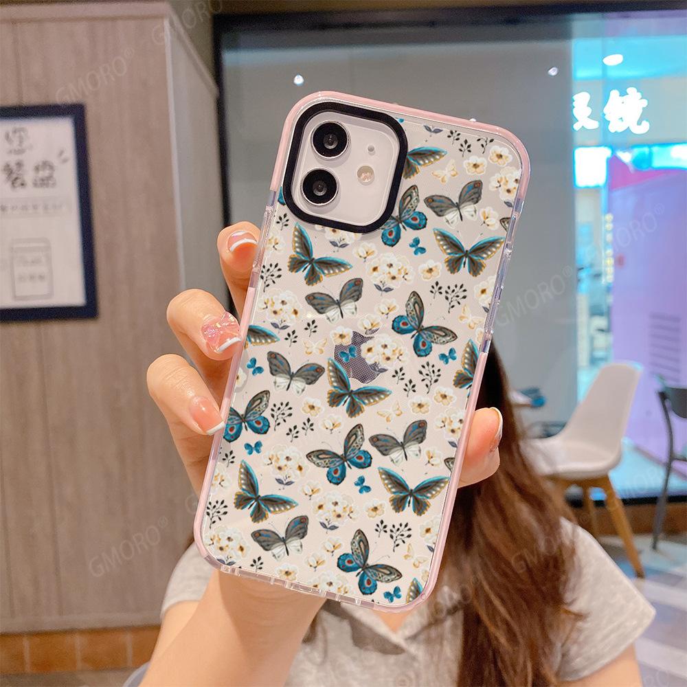 North American station isn't full of wind, butterfly flower mobile phone case iPhone15 anti-drop transparent mobile phone case Apple 17Pro