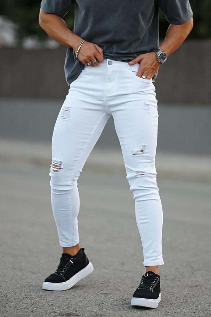 GINGTTO Distressed Skinny Slim Stretch Denim Size 32 Men's Jeans, Fit, Pants, White,