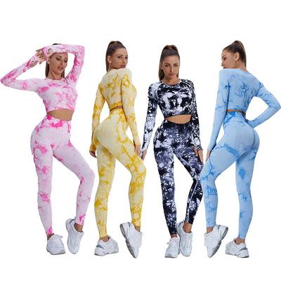 Tie-Dye Seamless Long Sleeve Crop Top & Leggings Set - Women's Quick-Dry Breathable Yoga Fitness Wear