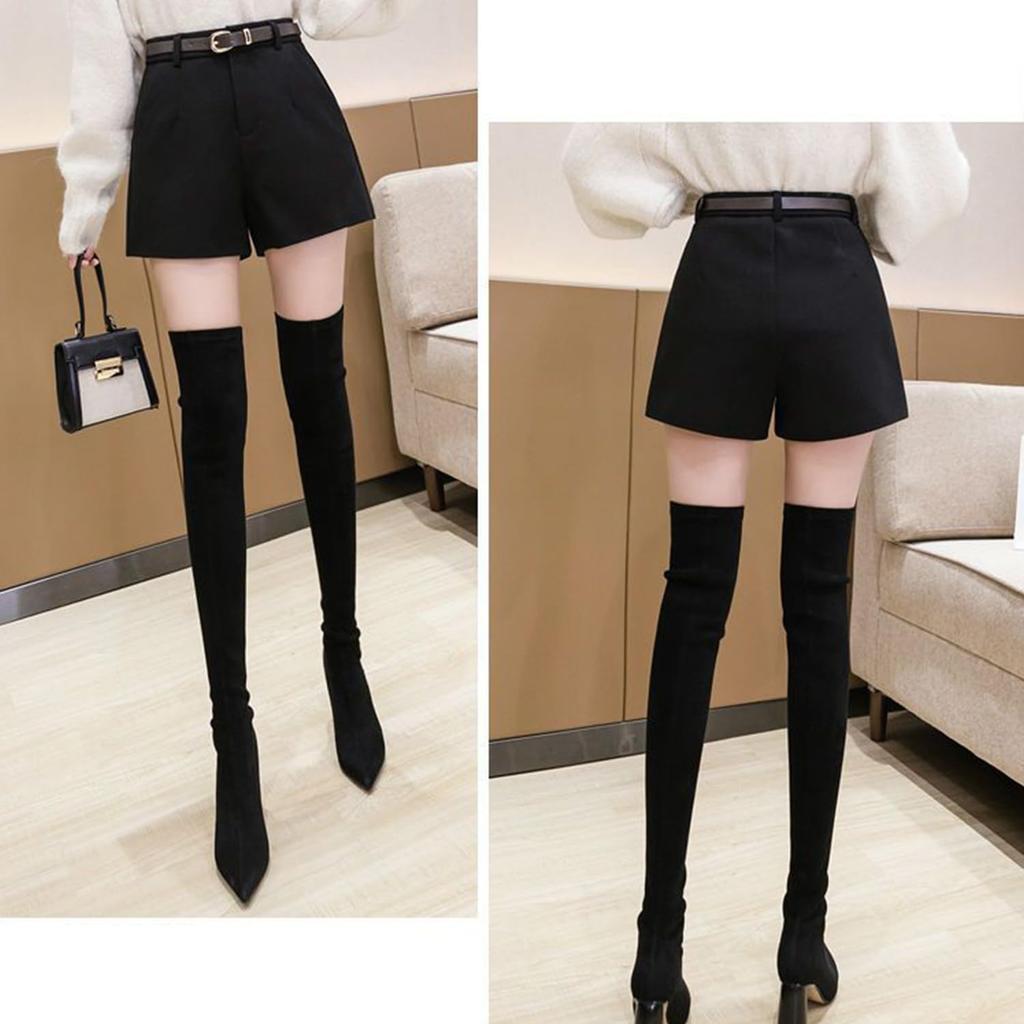 Shorts with for Commuting and School Women's Wide-leg Shorts, Stylish, Fall/Winter Shorts, Warm, Thick, Fashionable, High-Waisted Pockets,