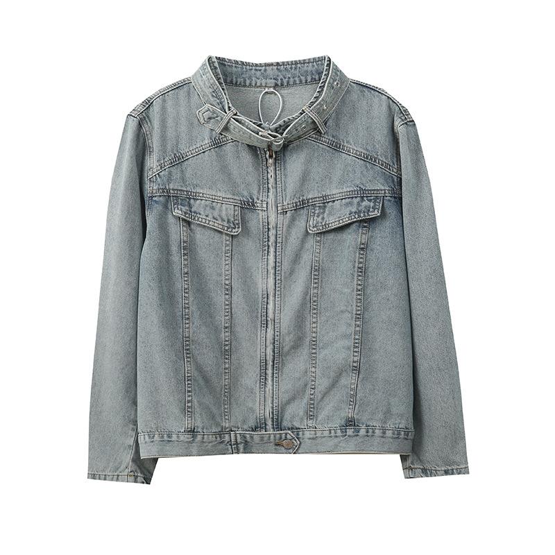 Retro ruffian handsome high street denim jacket women's autumn new fat mm thin neutral style top 132007