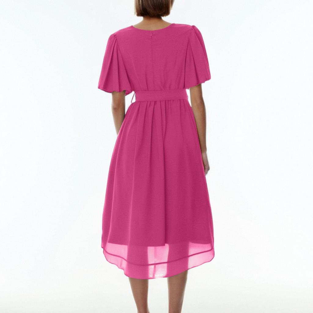 Ladies' Casual And Fashionable Solid Color V-neck Waist Cinching A-line Zipper Dress