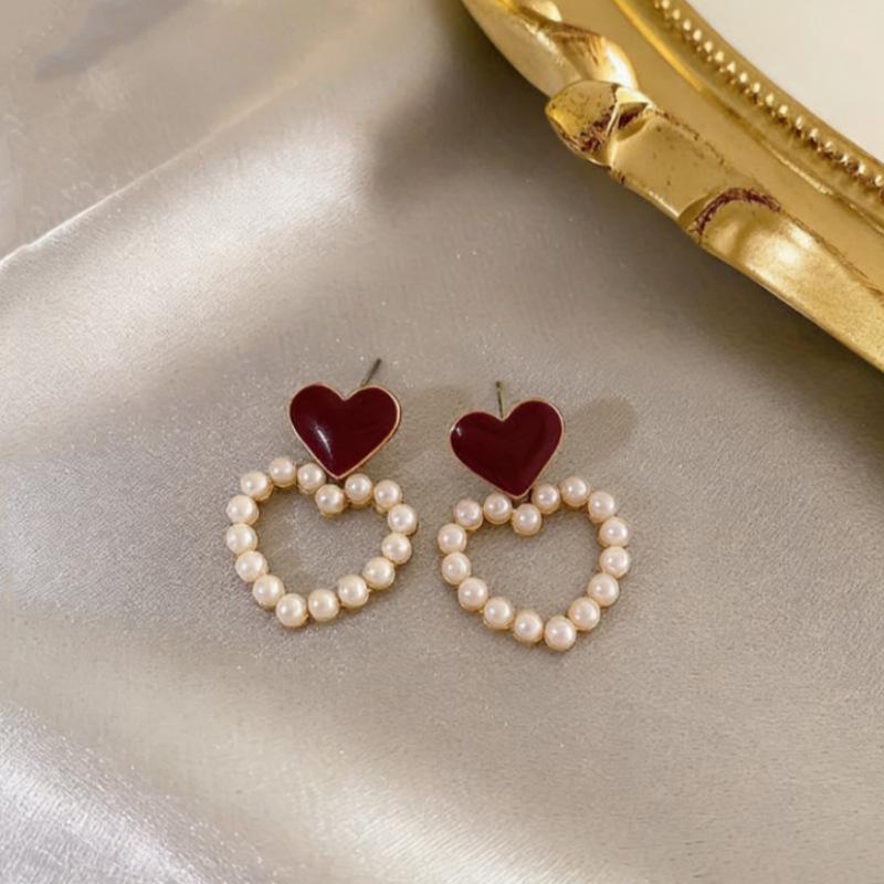 Korean Hollow Heart Pearl Earrings - Sweet Drip Oil Peach Heart Studs