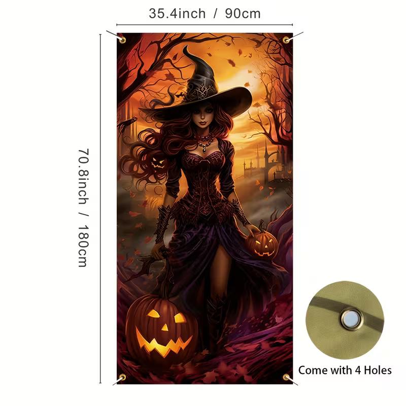 2D Halloween Gothic Witch Door Cover, Witch with Pumpkins Party Backgroun