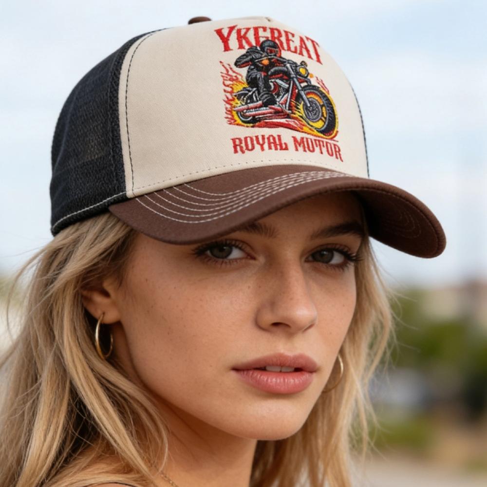 New Motorcycle Embroidered Trucker Hat Flame Biker Patch Baseball Cap For Man Woman Breathable Streetwear Summer Mesh Caps