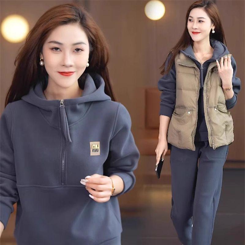 Women's Celebrity Style Fleece-Lined Sportswear Set - Autumn/Winter 2025 Two-Piece Sweatshirt Set