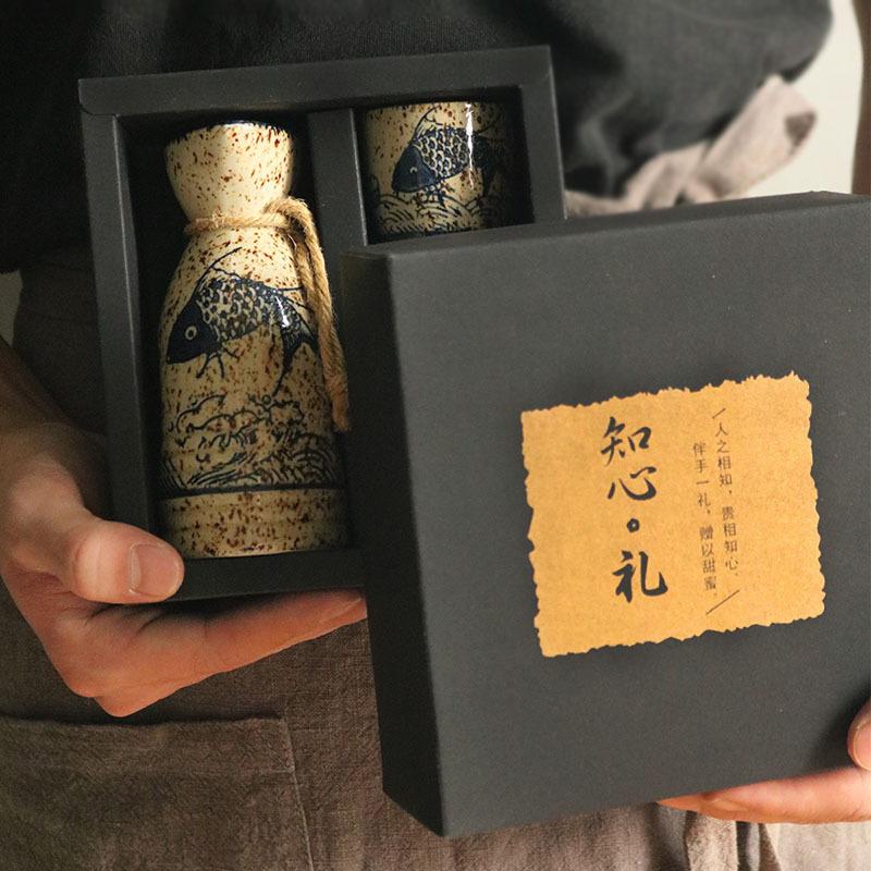 Creative Round Antique Handmade Hip Flask Set Ceramics Japanese Wine Flask Household Gift Bouteille Verre Kitchen Dining Bar