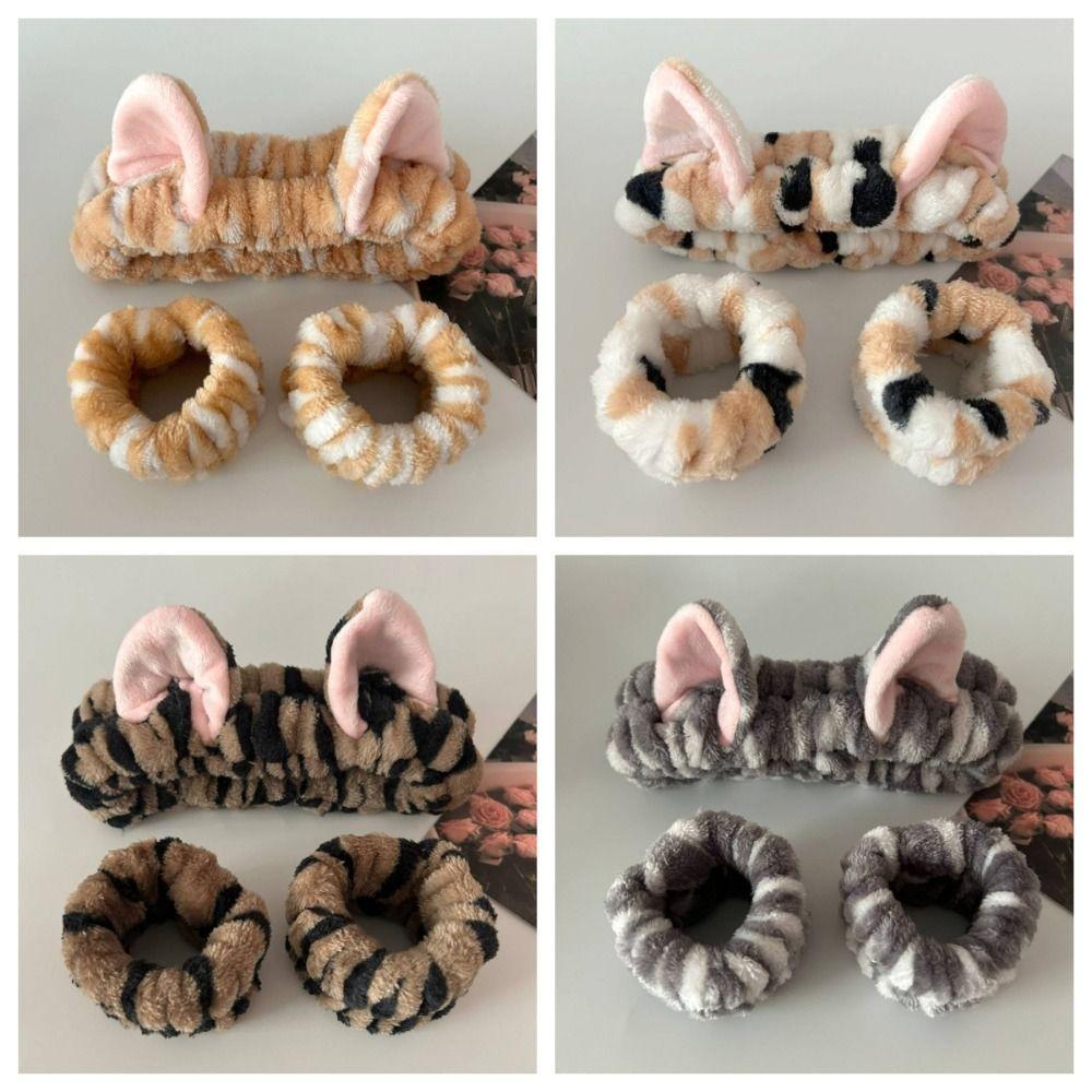 3pcs/set Leopard Print Cute Cat Ear Plush Headband Elastic Wrist Strap  For Women Girls