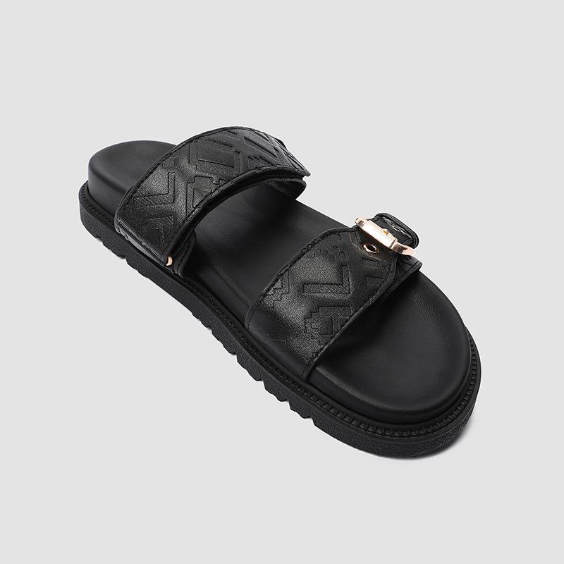 Thick-soled One-word Sandals Women's Metal Buckle Velcro Flat-soled Sandals Lazy Beach Cover Wearing Slippers