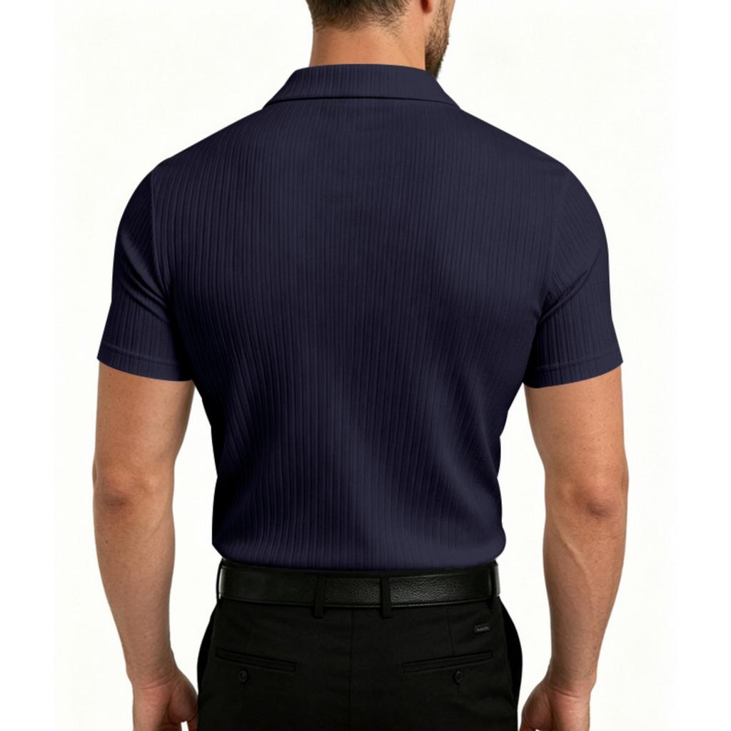 Men's Stretchy Breathable Knitted Polo Shirt with V Neck Ribbed Texture Short Sleeve Classic Fit for Casual and Business Wear
