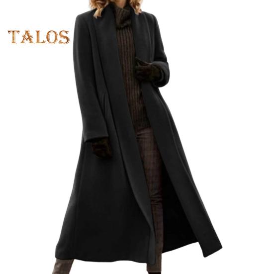 Women Winter Overcoat Open Stitch Turn-down Collar Long Sleeves Windbreaker Loose Cardigan Calf Length Outdoor Woolen Coat