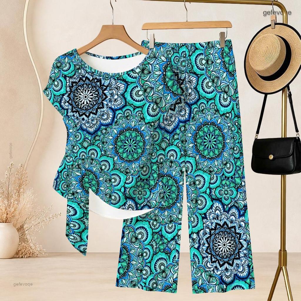Women Plus Size Round Neck Short Sleeve Knot Hem Red White Striped Printed Two Piece Pants Set