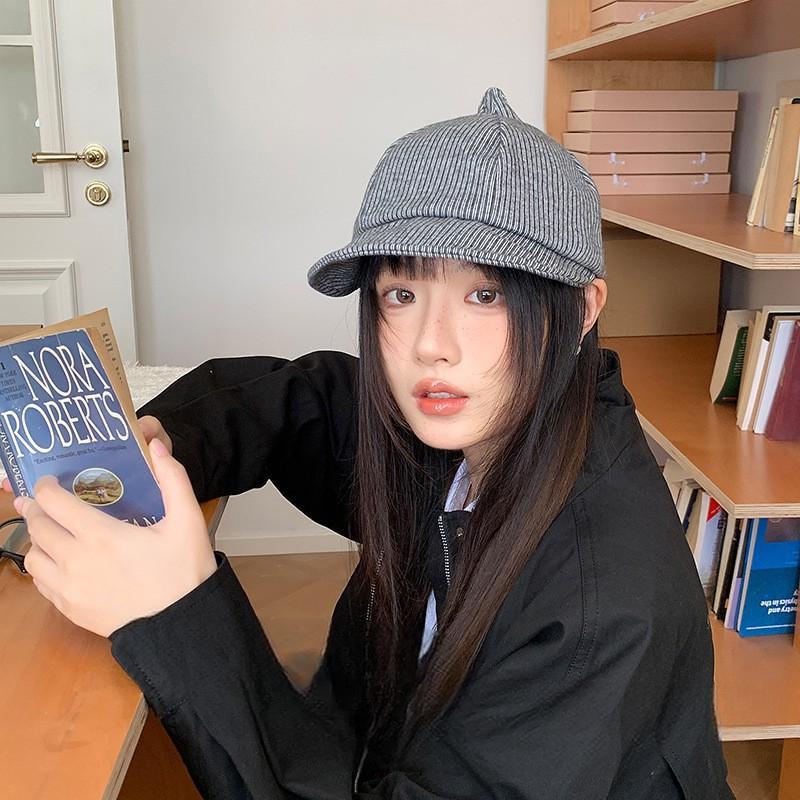 

25 autumn and winter new simple striped cloud hat women s soft top shows the face small painter hat Head circumference 54-59CM сірий колір
