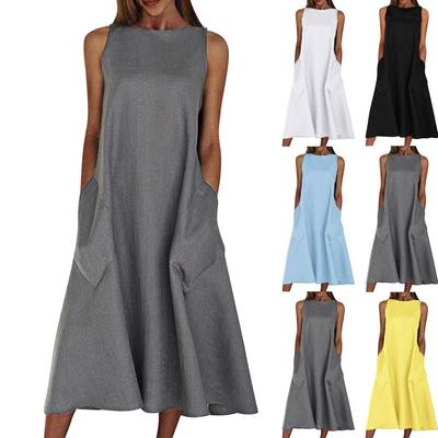 Summer Women's Loose Cotton Linen Solid Color Sleeveless Round Tie Pocket Casual Dress