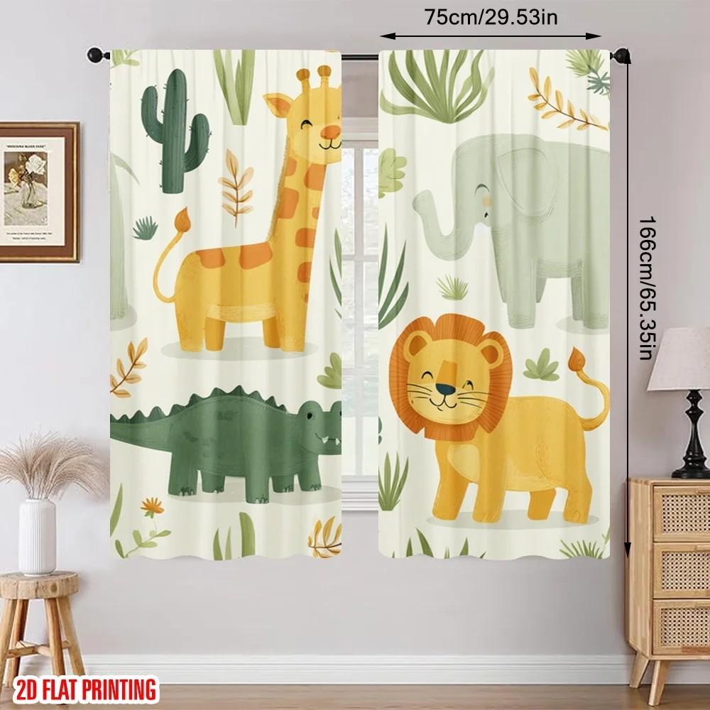 JIT 2pcs Animal Printed Curtain   Cartoon Design Room Darkening   Polyester   Kids Room Decor   Rod Pocket   Nursery Windows Decorati