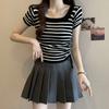Striped Knit Short Sleeve T-shirt Women's Summer Loose Slimming Design Sense Short Drawstring Top Square Neck Shirt