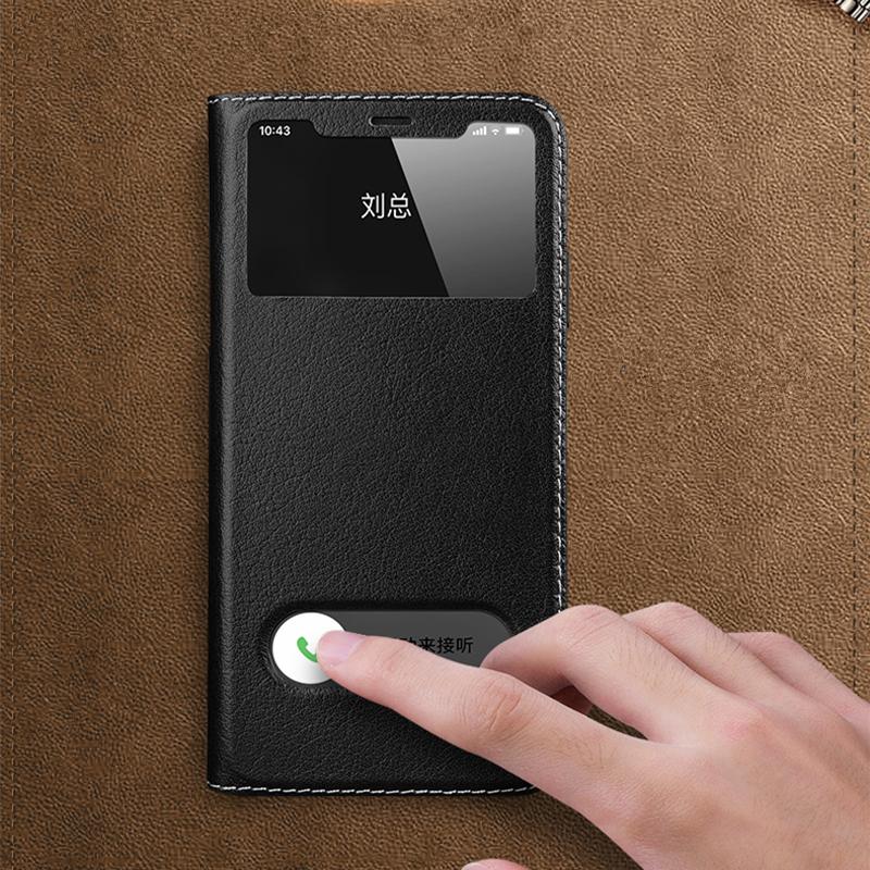 Magnetic 100% Genuine Leather View Window Case for iPhone 16 15 14 13 12 11 Pro MAX XR X Plus Case Wallet Flip Stand Free Answer