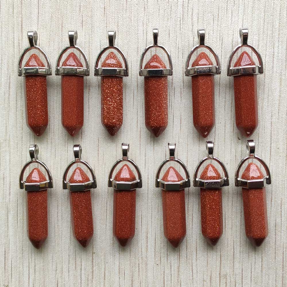 Natural stone quartz aventurine lapis crystal hexagonal pillar Pendants for Jewelry accessories 12pcs