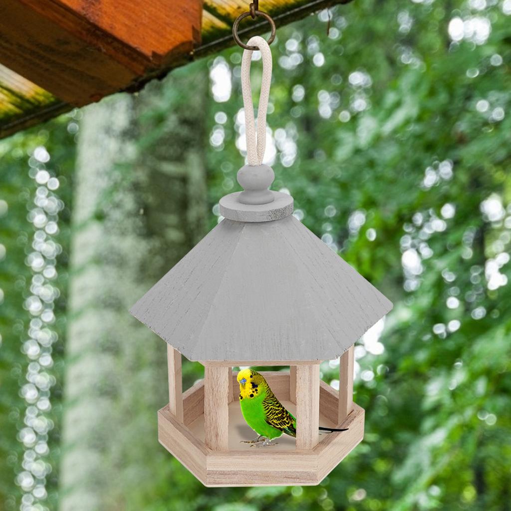 Outdoor Wooden Birds House Shaped Feeder Food Container with Hang Rope for Garden Park