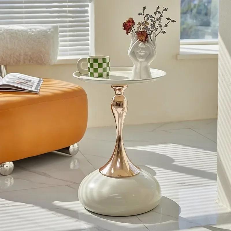 White Round Coffee Table w/ Golden Base - Modern Minimalist Side Table, No Assembly. Sturdy for Living Room, Office & More