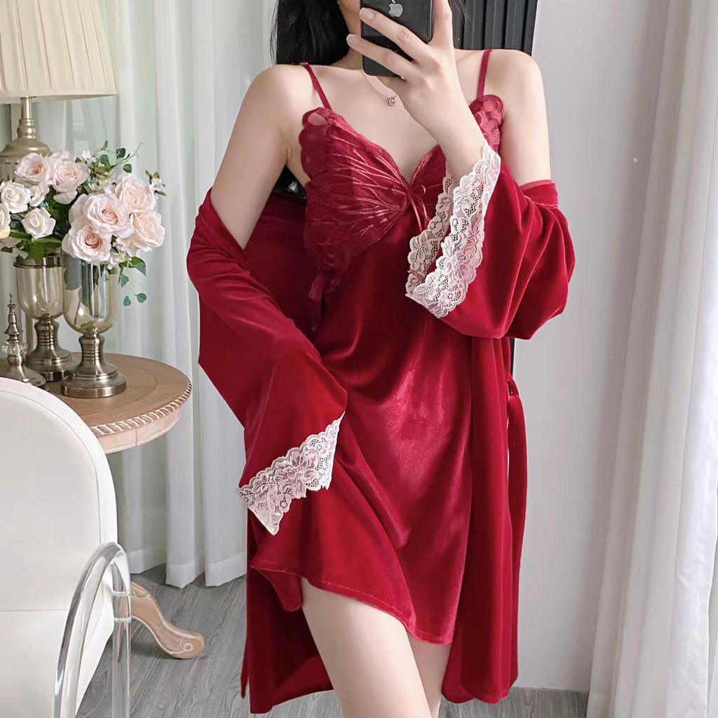 Women's Gold Velvet Butterfly Lace Pajama Set – Camisole and Beautiful Back Sleepwear with Chest Pads for Autumn/Winter.