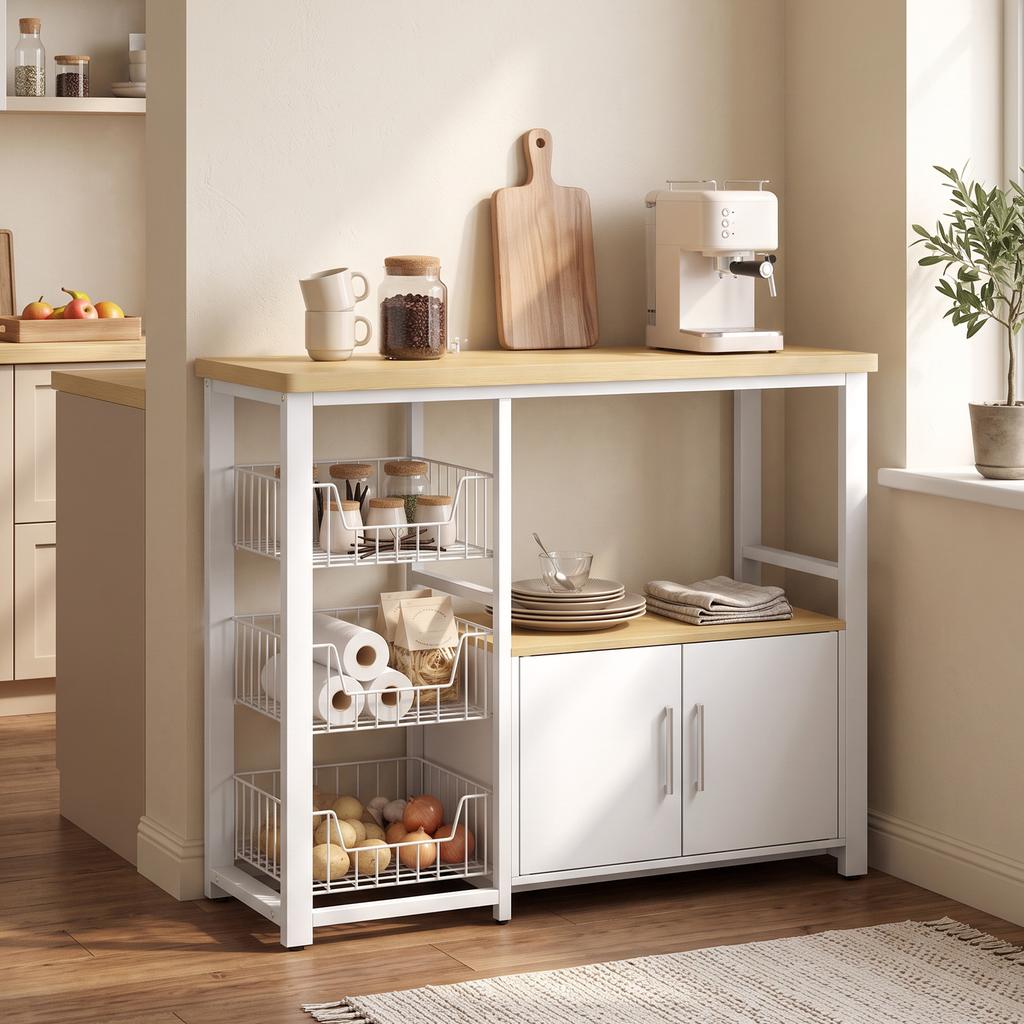 Kitchen storage shelf with sliding baskets and cabinet, microwave stand, 100 x 35 x 80 cm, white