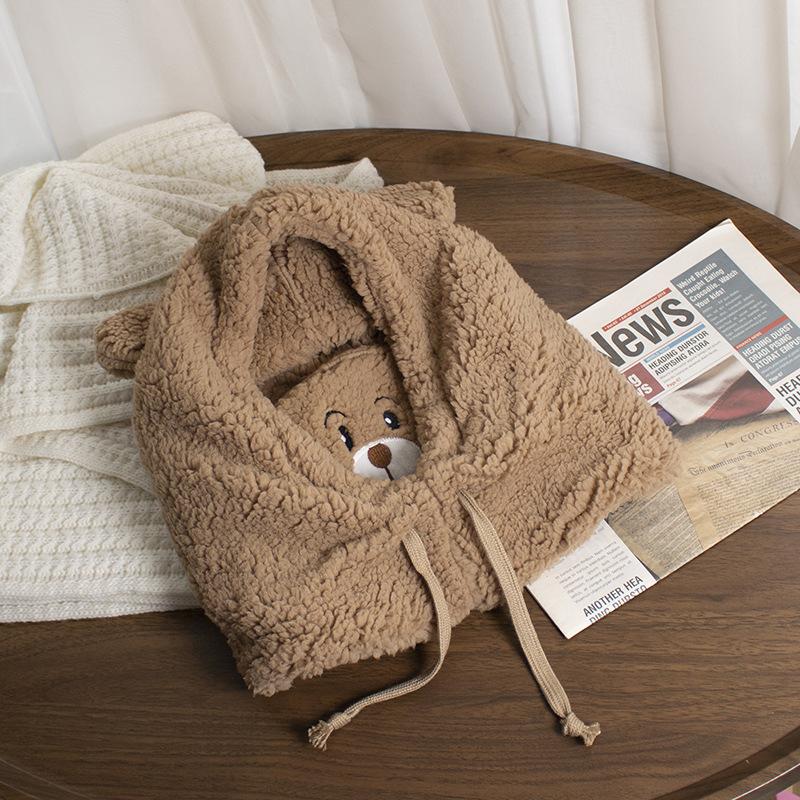 

Winter plush hat men s and women s hats, masks, cartoon bear hats, scarves, and warm integrated hats S（52-55cm）