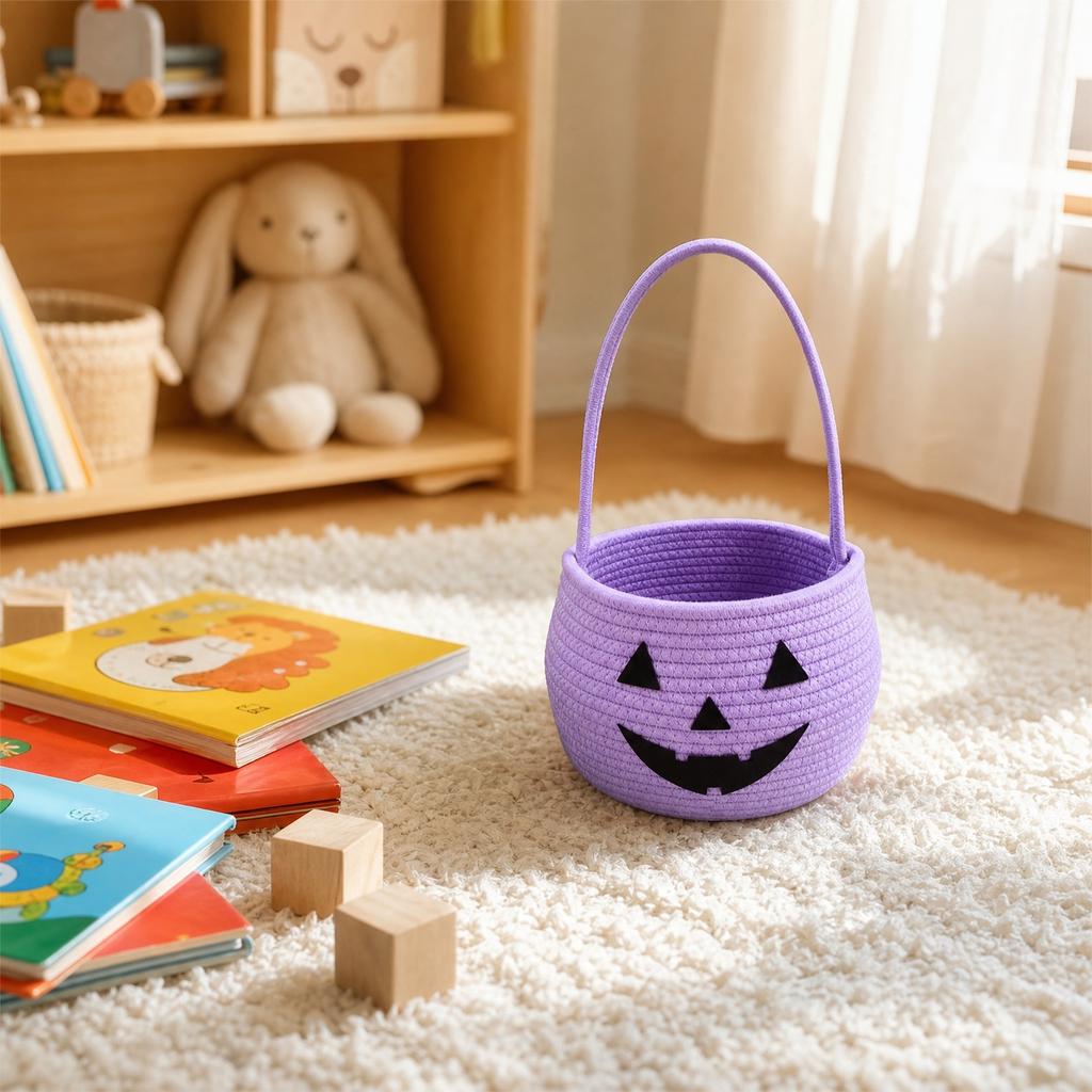 Handwoven Cotton Rope Basket with Handle Halloween Pumpkin Design Storage Organizer Container for Home Office Use Durable and Lightweight