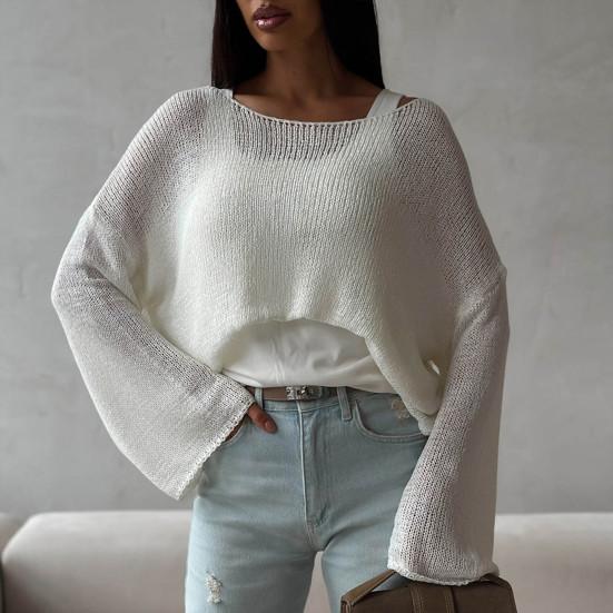 Dame Strikketopper Rund Hals Langermet Genser Topper Løs Passform Ensfarget Høst Pullover Topper Strikk