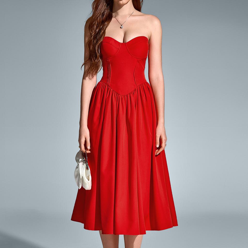 Four-sided Elastic Tube Top Dress, European and American Sexy Backless Waist Pleated A-word Medium and Long Dress